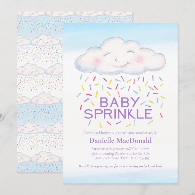 Cloud candle Baby bersprinkle farbenfrohe Wasserfa Einladung (Vorne/Hinten)