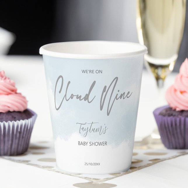 Cloud neun Babydusche grau staubblau Pappbecher (Cloud nine baby shower grey dusty blue template paper cups personalized cloud tableware table decor)