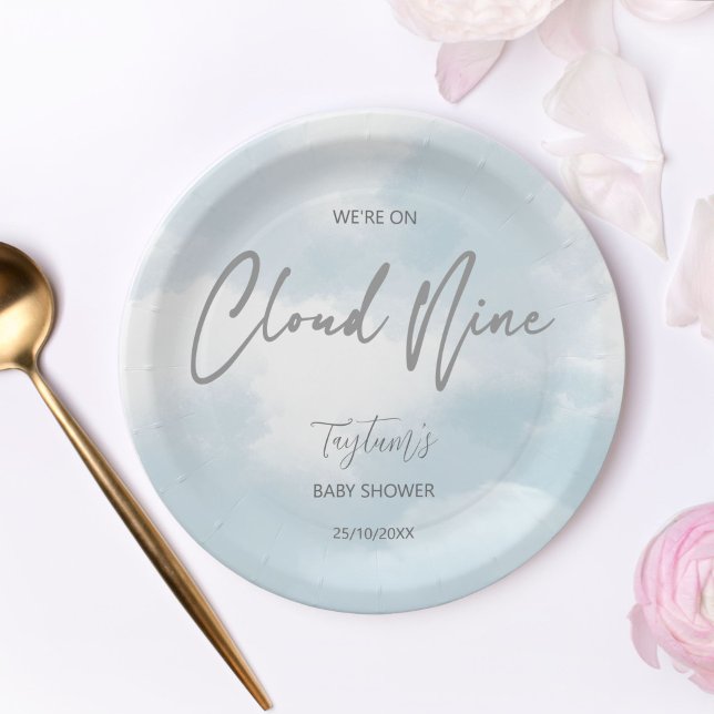 Cloud neun Babydusche grau staubblau Pappteller (Cloud nine baby shower grey dusty blue paper plates personalized tableware table decor matching)