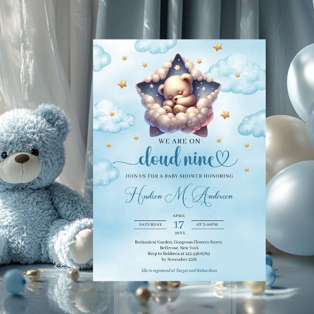 Cloud neun Teddy Bär Boy Baby Dusche Einladung (we are on cloud nine sleeping teddy bear boy baby shower invitation)