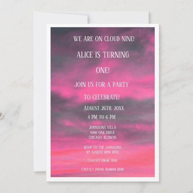 Cloud Nine 1. Girls First Birthday QR Code Rosa Einladung (Vorderseite)