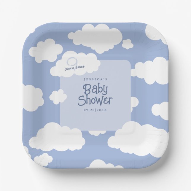 Cloud Nine 9 Baby Dusche Niedlich Whimsical Square Pappteller (Vorderseite)