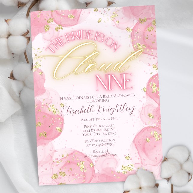 Cloud Nine 9 Glow Pink Gold Glitzer Brautparty Einladung (Von Creator hochgeladen)