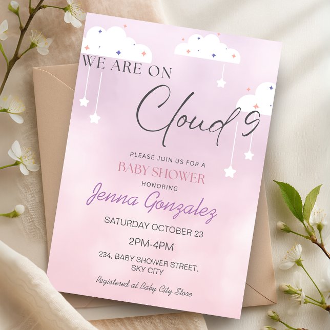 Cloud Nine 9 Mädchen Rosa Baby Shower Einladung (Cloud Nine 9 Girl Pink Baby Shower Invitation)