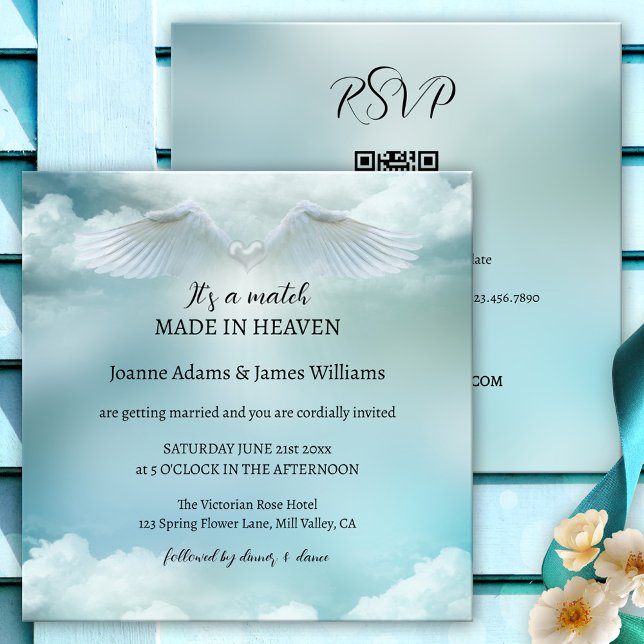 Cloud Nine Angel Wings All in One Wedding Einladung (Pastel turquoise wedding invitation featuring angel wings with a heart on a soft dreamy cloud nine)