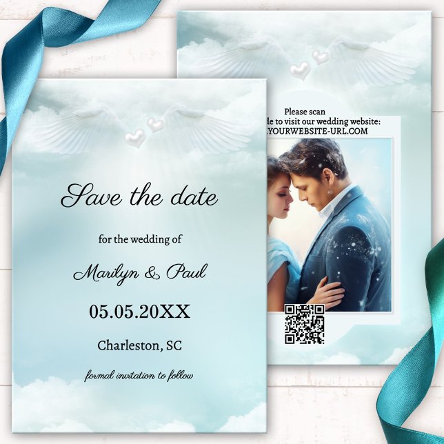 Cloud Nine Angel Wings Foto Save the Date (Wedding Save the Date card featuring a dreamy design with angel wings and hearts on cloud nine)