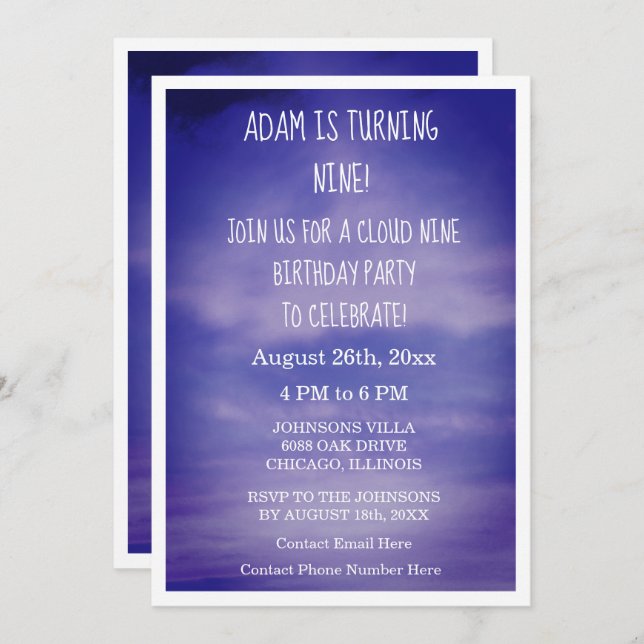 Cloud Nine Birthday Boys Girls 9th Blue Art Dreamy Einladung (Vorne/Hinten)