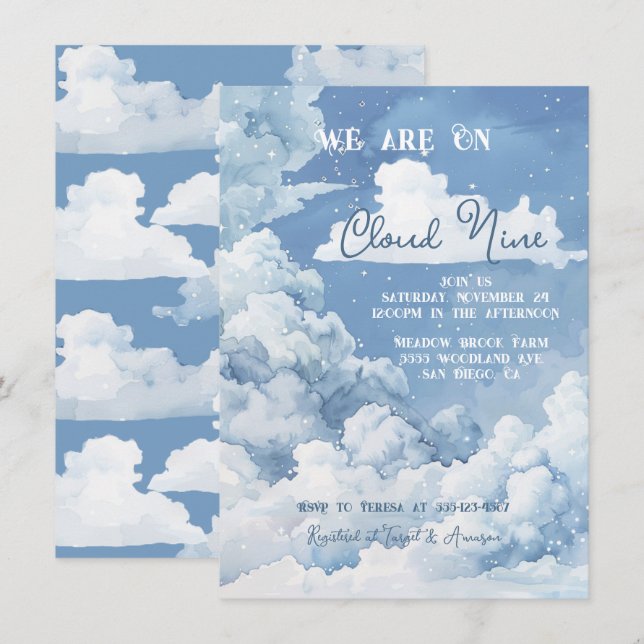 Cloud Nine Sky Babydusche Einladung (Vorne/Hinten)