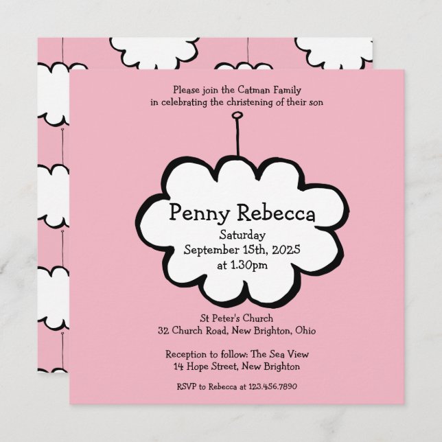 Cloud on a String Christening Invasion Einladung (Vorne/Hinten)