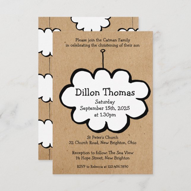 Cloud on a String Christening Invasion Einladung (Vorne/Hinten)