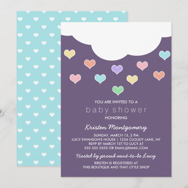 Cloud & Pastel Hearts | Lila Babydusche Einladung (Vorne/Hinten)