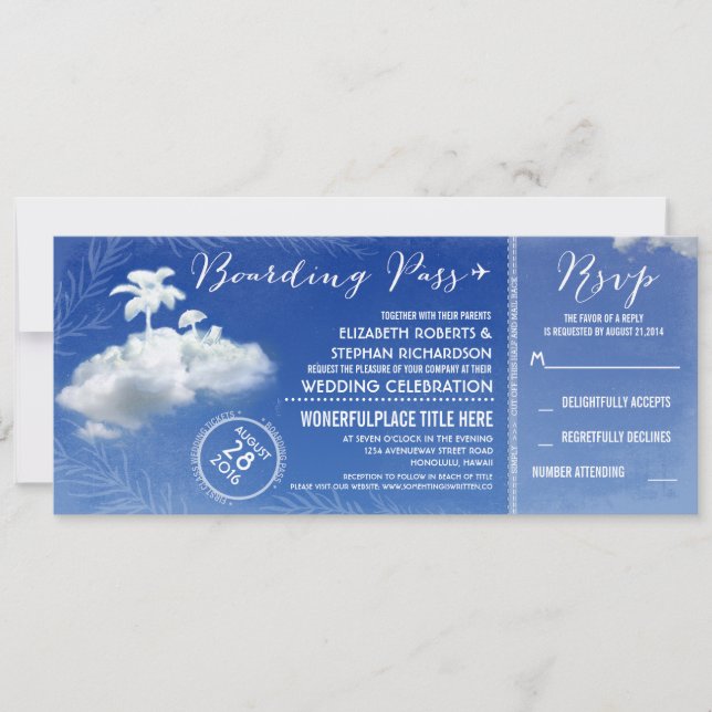 Clouds Beach Boarding Pass Hochzeitstickets Einlad Einladung (Vorderseite)