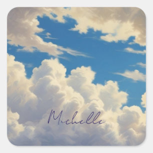 Clouds Blue Sky Schlicht Modern Name Kalligrafie Quadratischer Aufkleber