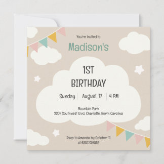 Clouds party flags baby first birthday invitation einladung