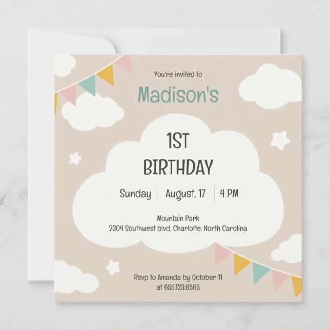 Clouds party flags baby first birthday invitation einladung (Vorderseite)