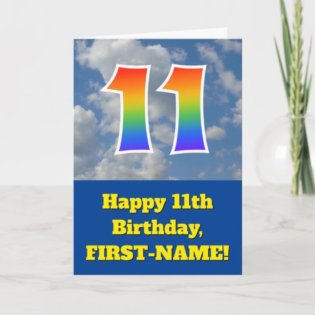 Cloudy Blue Sky, Regenbogenmuster "11" Geburtstag  Karte (Vorderseite)