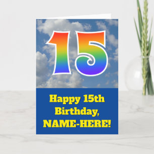 Cloudy Blue Sky, Regenbogenmuster "15" Geburtstag  Karte