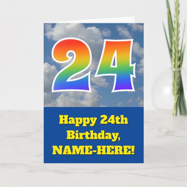 Cloudy Blue Sky, Regenbogenmuster "24" Geburtstag  Karte (Vorderseite)