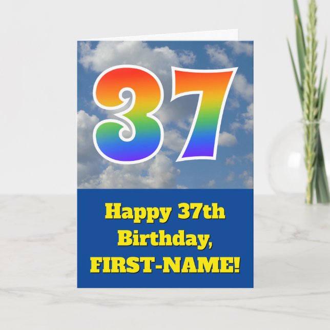 Cloudy Blue Sky, Regenbogenmuster "37" Geburtstag  Karte (Vorderseite)