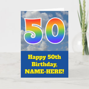 Cloudy Blue Sky, Regenbogenmuster "50" Geburtstag  Karte