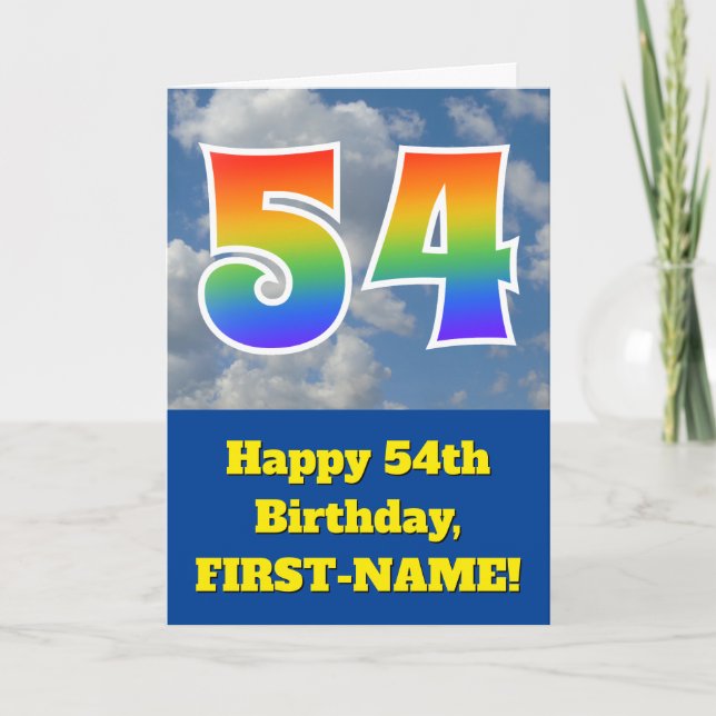 Cloudy Blue Sky, Regenbogenmuster "54" Geburtstag  Karte (Vorderseite)