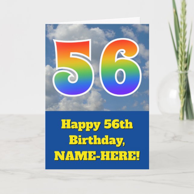 Cloudy Blue Sky, Regenbogenmuster "56" Geburtstag  Karte (Vorderseite)