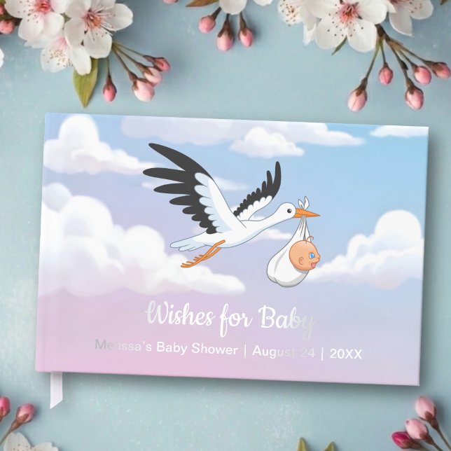 Cloudy Sky Stork Baby Shower Foil Gästebuch (Von Creator hochgeladen)