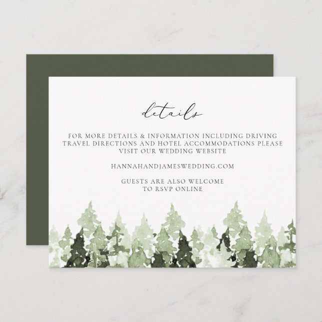 CLOVER Earthy Green Pine Tree Wedding Details Card Einladung (Vorne/Hinten)