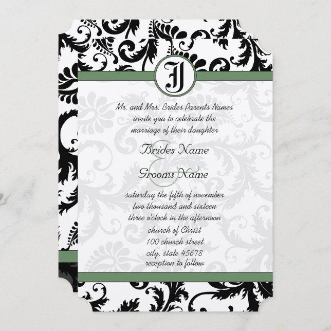 Clover Green Damask Wirbel Hochzeitsfeier Einladung (Vorne/Hinten)