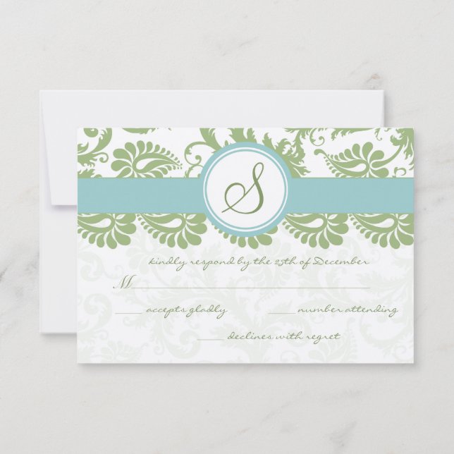 Clover Green und Aqua Damask Wedding UAWG RSVP Karte (Rückseite)