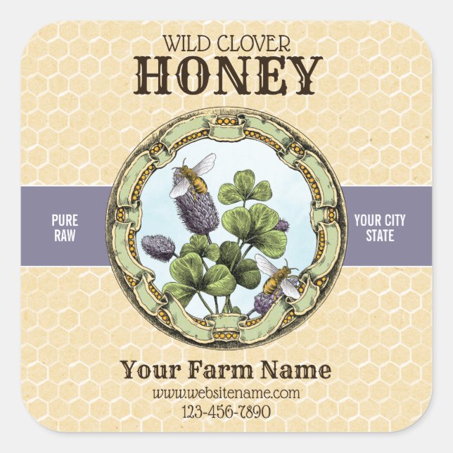 Clover Honey Bee Label Quadratischer Aufkleber (Vorderseite)