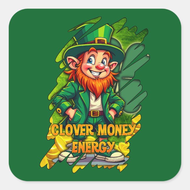 Clover Money Energy – Lucky Leprechaun Autocolante Quadratischer Aufkleber (Vorderseite)