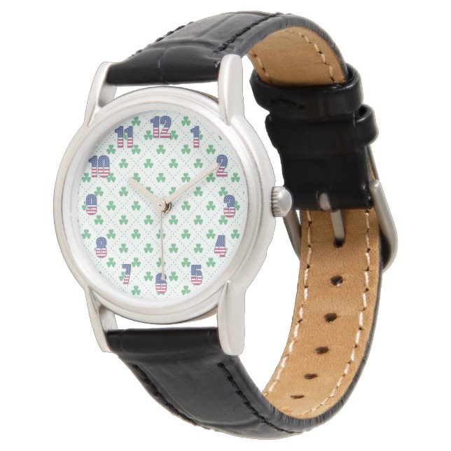 Clover-Muster-Schwarze-Lederuhr-mit-klassischem-De Armbanduhr (Schrägansicht)