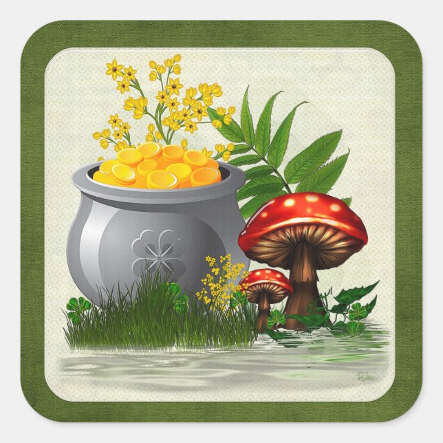 Clover Trail Whimsical Folk Art Quadratischer Aufkleber (Vorderseite)