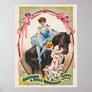 Clown, der einer Frau Blume auf dem Pferd übergibt Poster