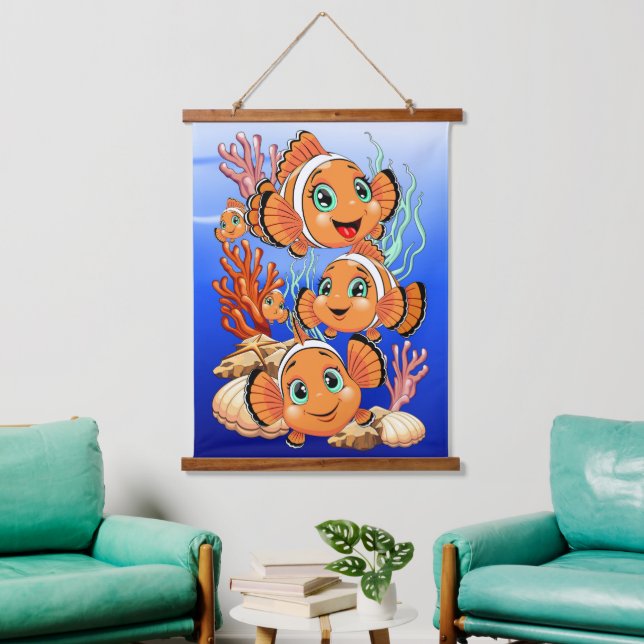 Clown fish Cartoon cute Family Underwater Wandteppich Mit Holzrahmen (Wohnzimmer)