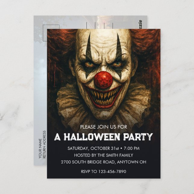Clown-Halloween-Party Einladung Postkarte (Vorne/Hinten)
