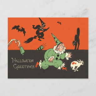 Clown Hund Hexe Fledermaus schwarze Katze Skelett Postkarte