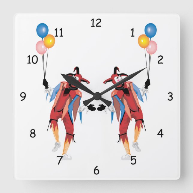 Clown Jester mit Balloons Wall Clock Quadratische Wanduhr (Vorderseite)
