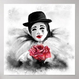 Clown mit Rosenposter Schwarz-Weiß-Malerei Poster