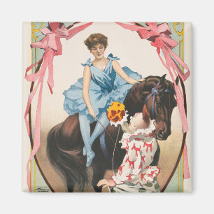 Clown überreicht einer Frau auf einem Pferd Blumen Magnet