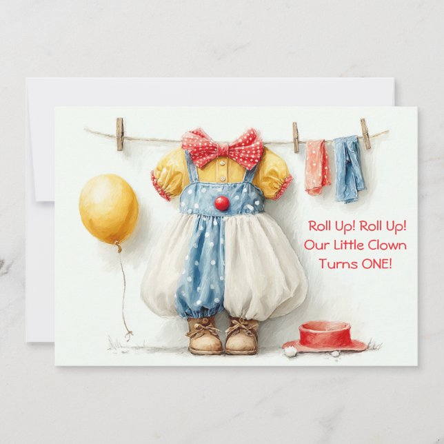 Clownette Couture 1. Geburtstag Party Einladung (Vorderseite)