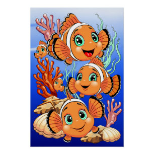 Clownfisch Cartoon süß Familie Unterwasser Poster