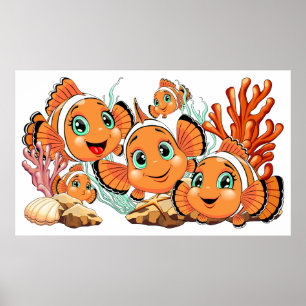 Clownfisch Cartoon süß Familie Unterwasser Poster