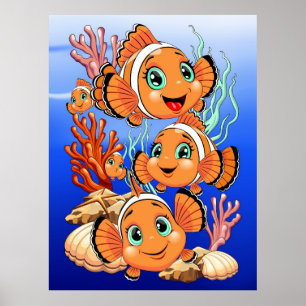Clownfisch Cartoon süß Familie Unterwasser Poster
