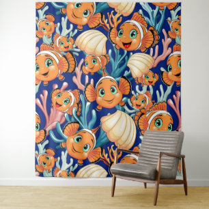 Clownfisch Cartoon süß Familie Unterwasser Wandteppich