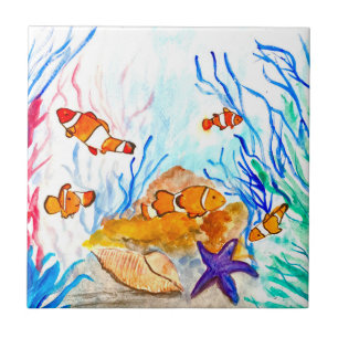 Clownfish Fisch Aquarell Blauer Wasserozean Fliese