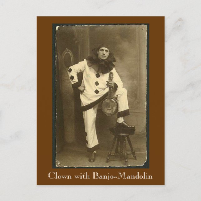 Clownwbanjomando, Clown mit Banjo-Mandolin Postkarte (Vorderseite)