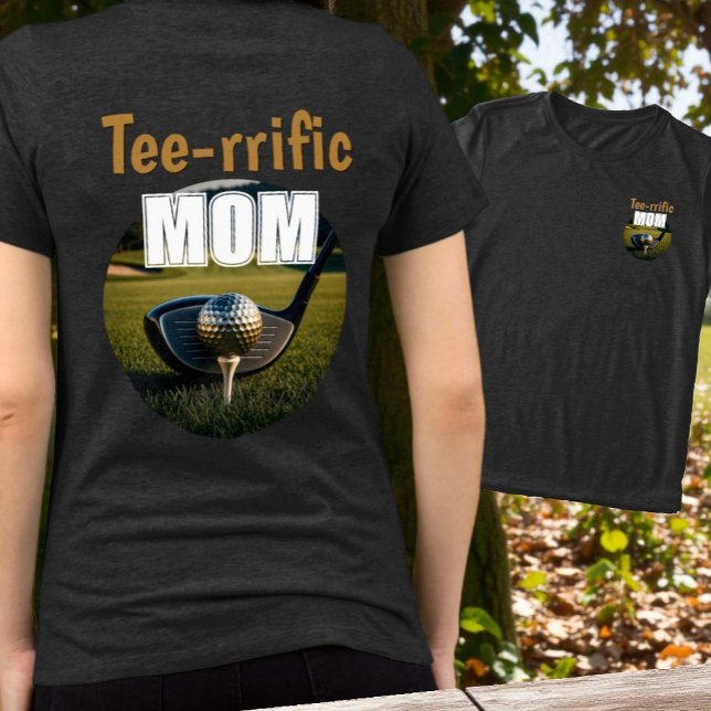 Club, Golf Ball On Tee Front & Back Tee Design (Front pocket and full back golfing mom tee shirt with four lines of template text.)