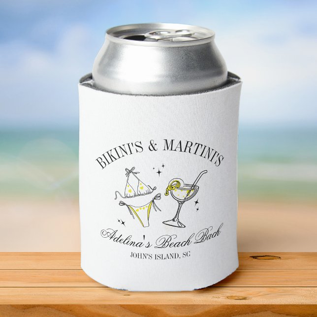 Club Junggeselinnen-Abschied Favor Beach Bridal Cu Dosenkühler (A can cooler with "Bikini's & Martinis" + custom info text + illustrations of a bikini + a cocktail)